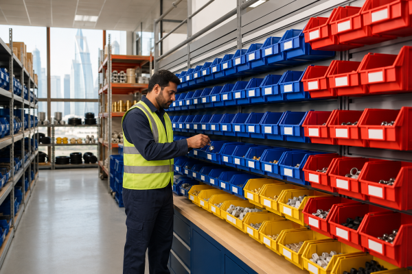 Organized warehouse with color-coded storage bins